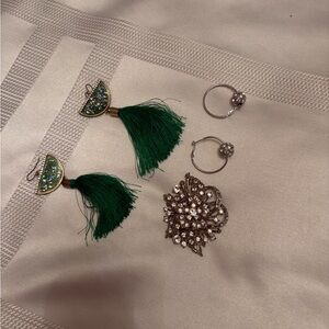 Green Tassel Drop Earrings with Sparkle Crescent Accent